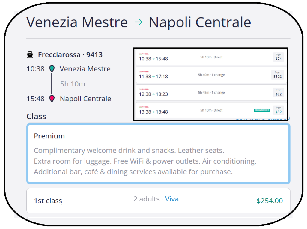 Train route map from Venice Mestre to Napoli Centrale