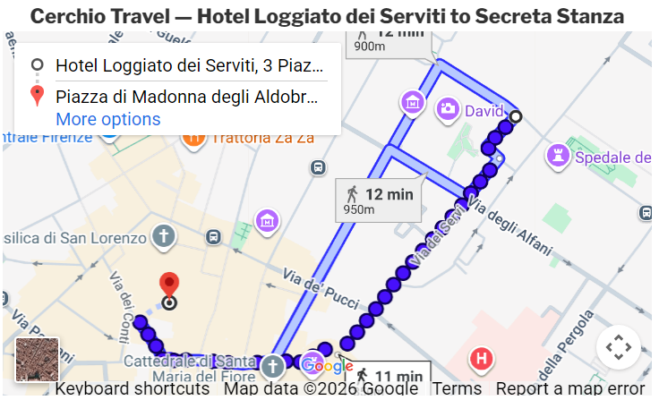 Walking map from Loggiato dei Serviti to Stanza Segreta Florence